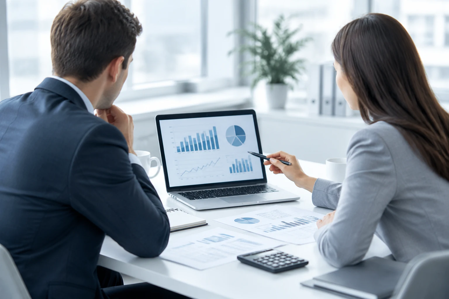 Two people reviewing figures on a laptop at a meeting table