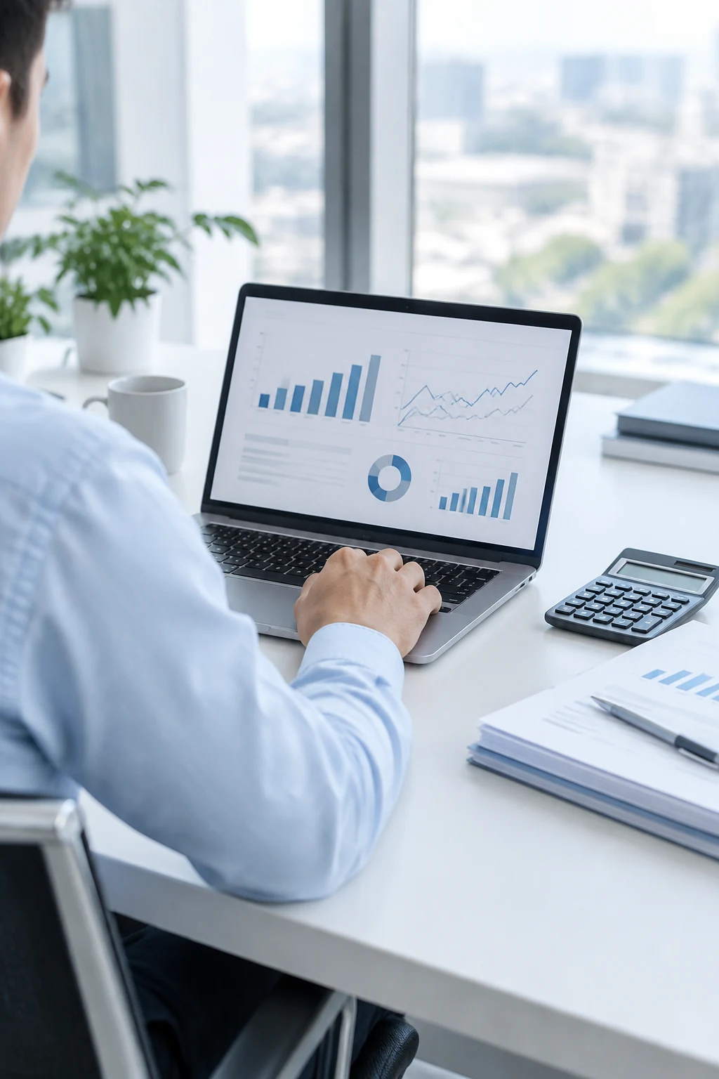 Accountant at a bright office desk reviewing charts on a laptop beside a calculator and documents