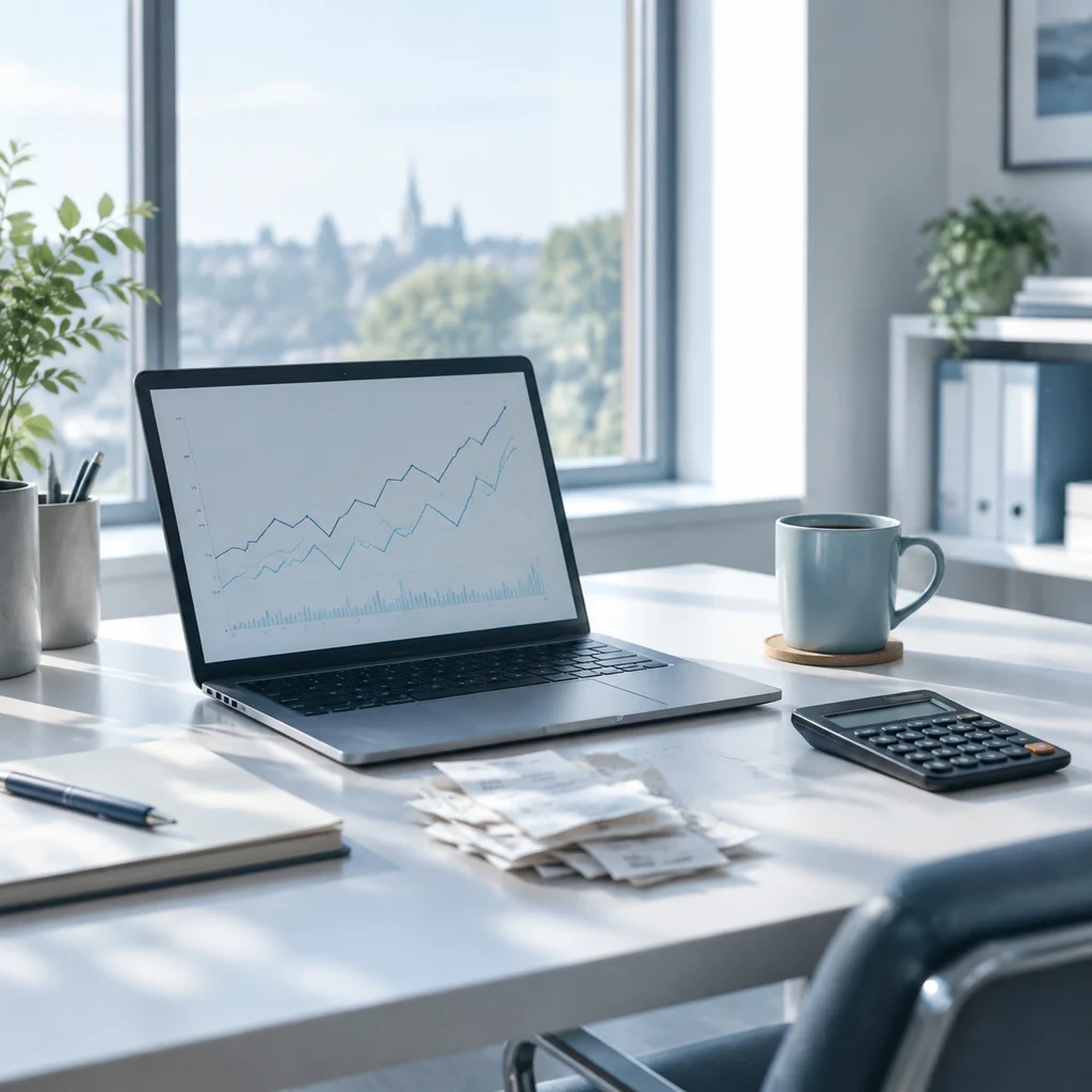 Home office desk with a laptop, receipts and a calculator