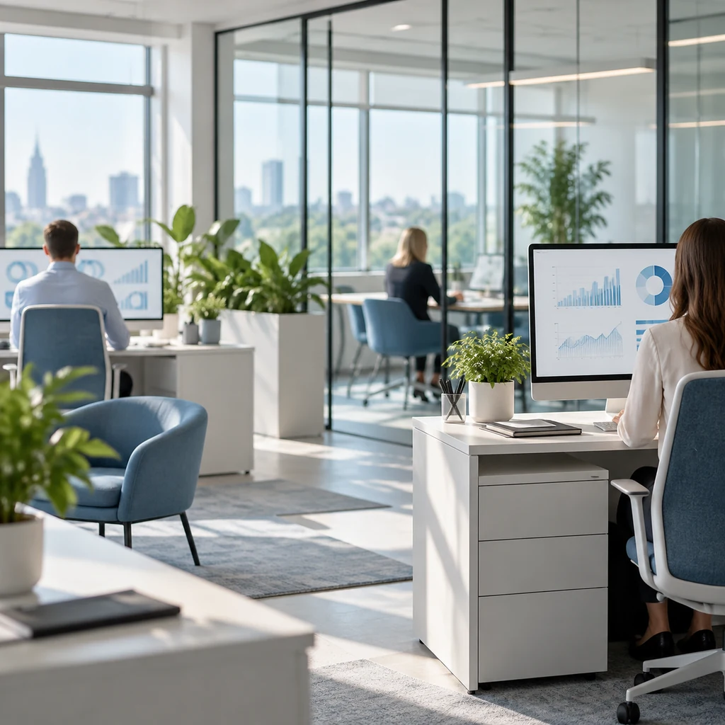 Bright small-business office with glass partitions and monitors