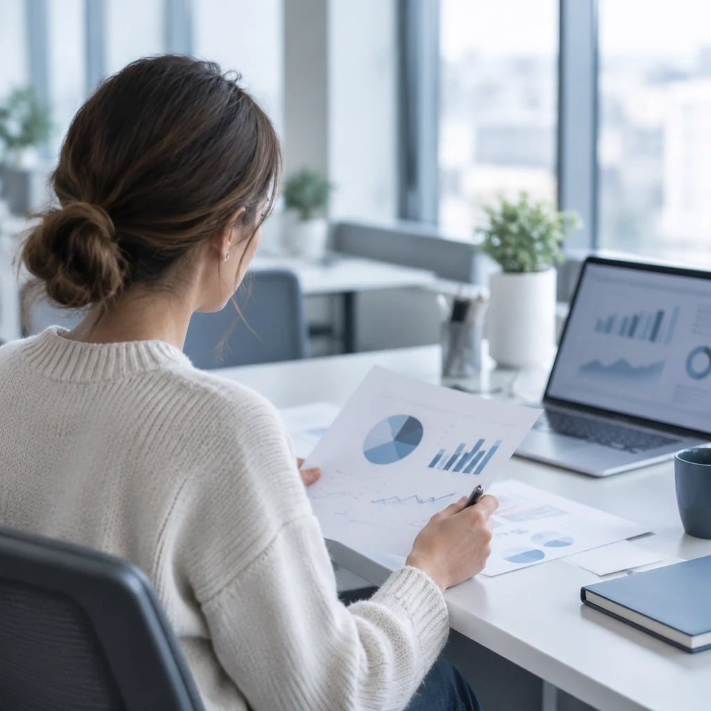 Person reviewing printed financial reports at a desk