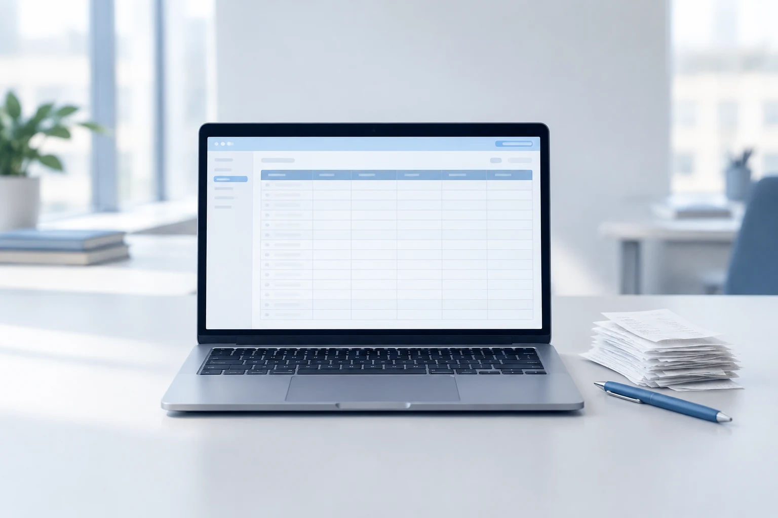 Laptop with a ledger on screen beside a stack of receipts