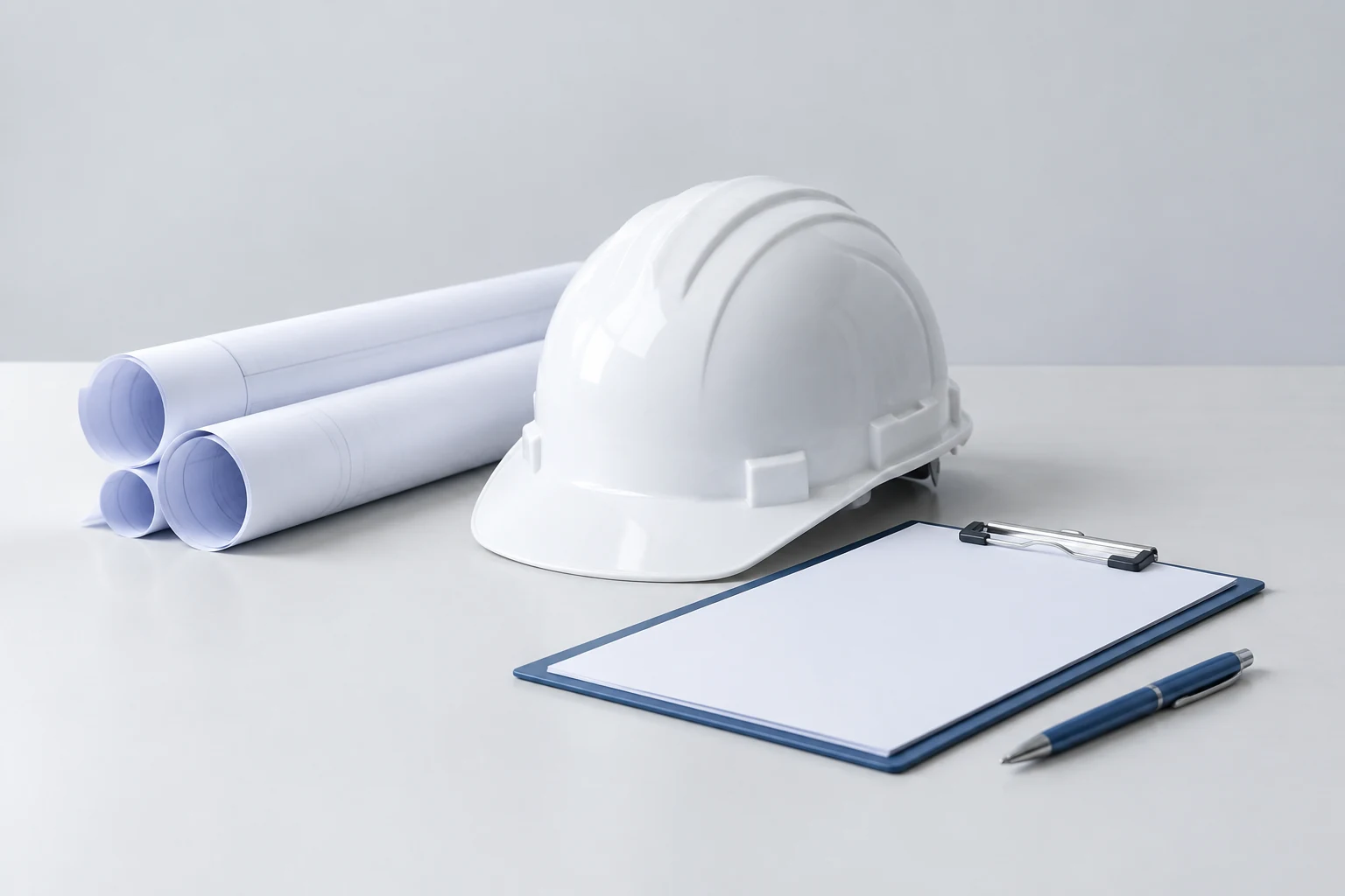 Blueprint sheets, a white hard hat and a clipboard