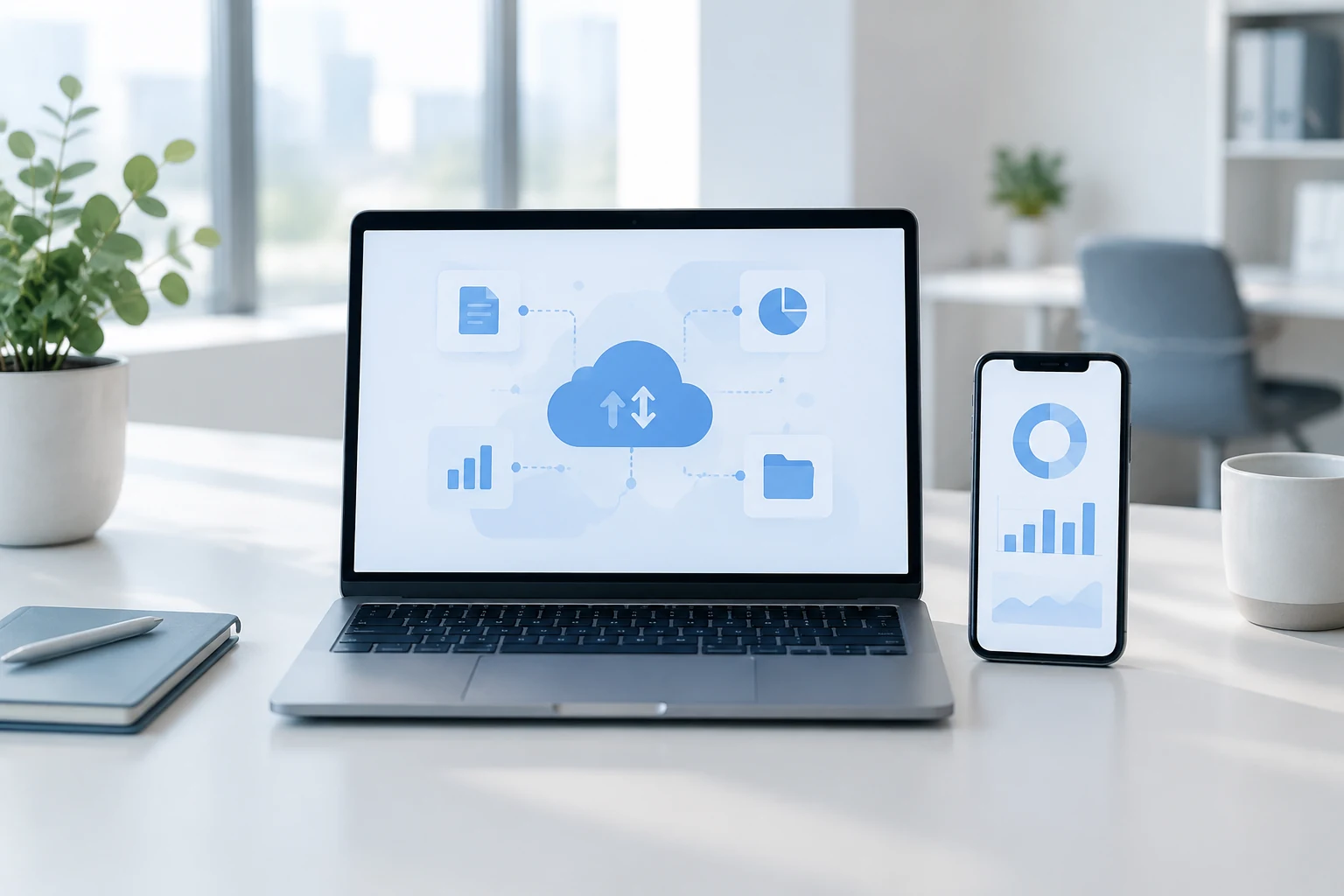 Laptop with a cloud sync illustration and a smartphone showing charts
