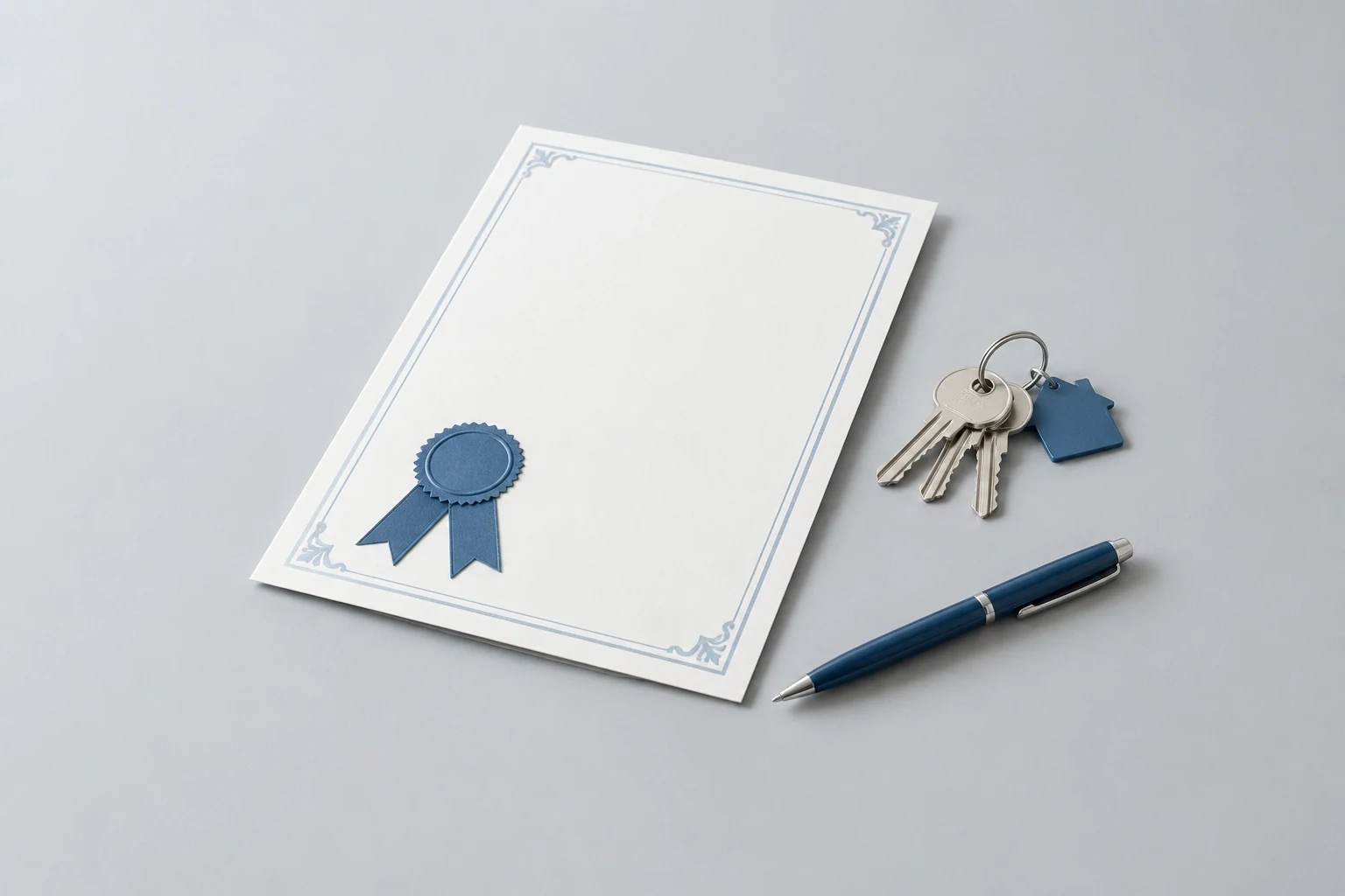 Certificate with a blue ribbon, a set of keys and a pen