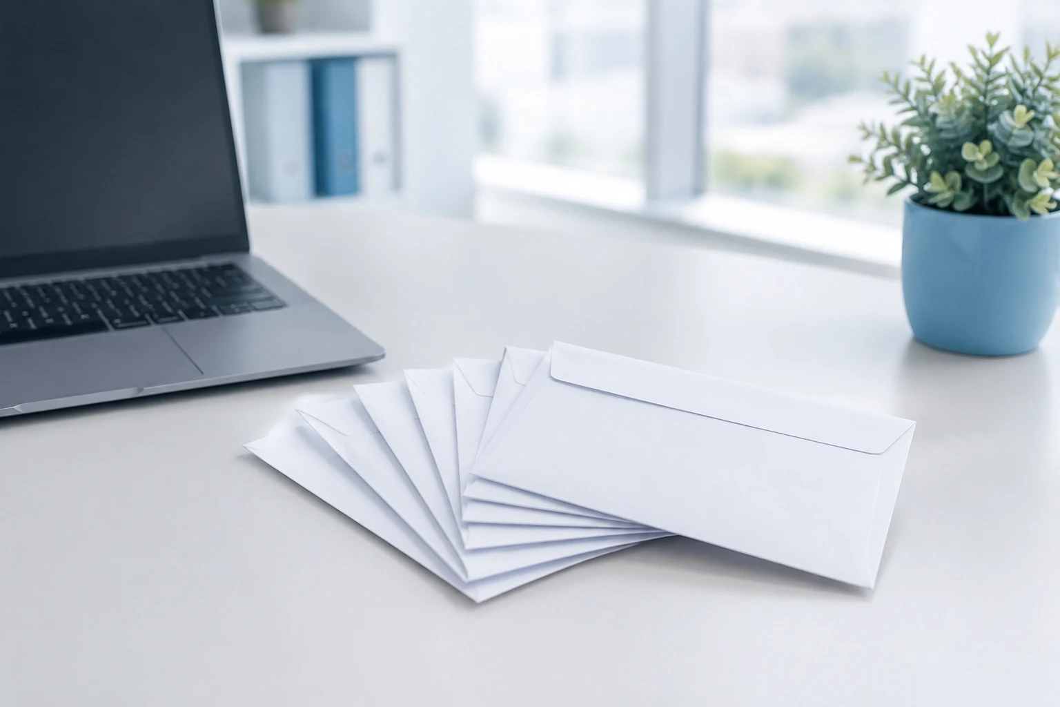 Sealed payslip envelopes fanned beside a laptop