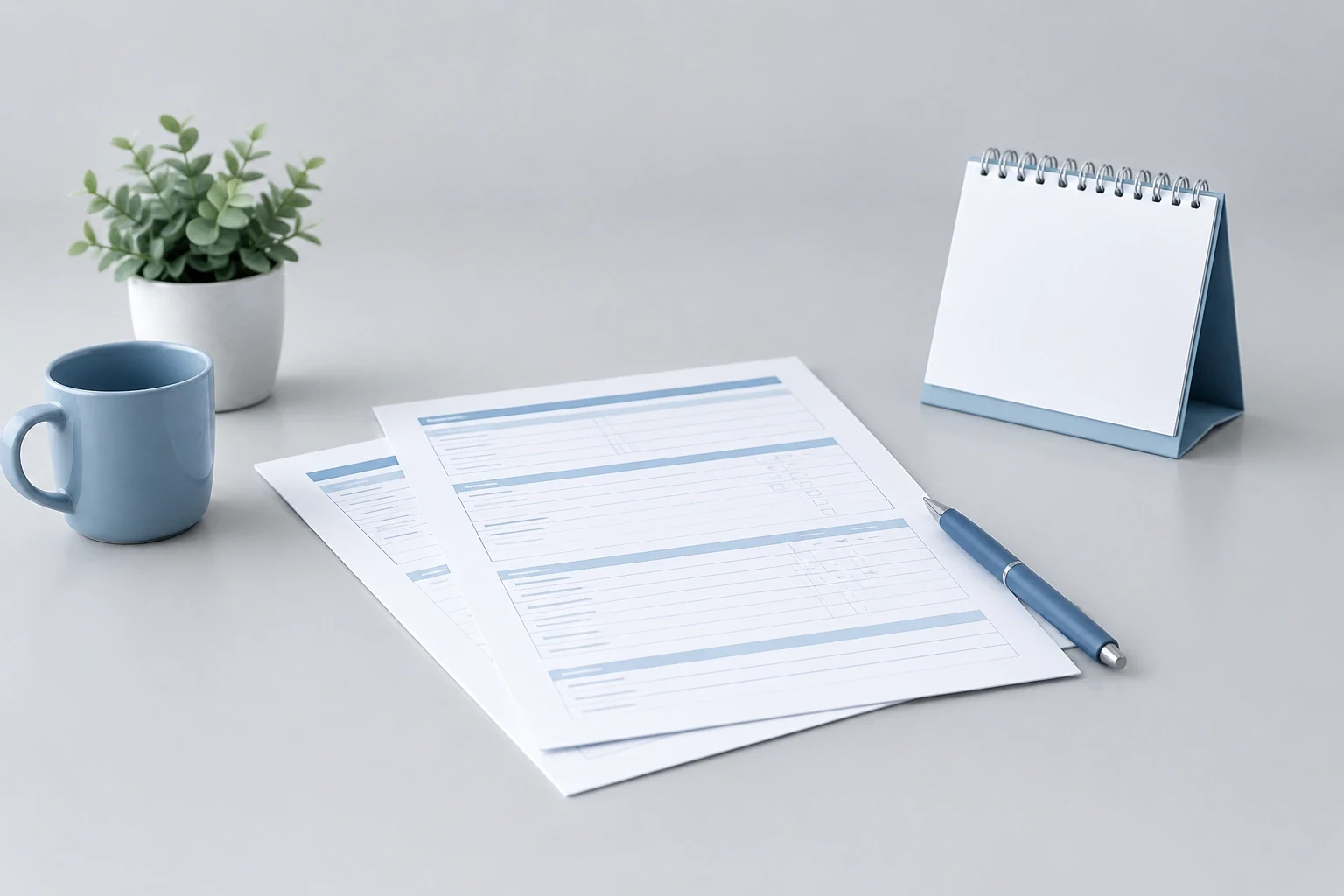Personal tax form pages with a pen and a desk calendar