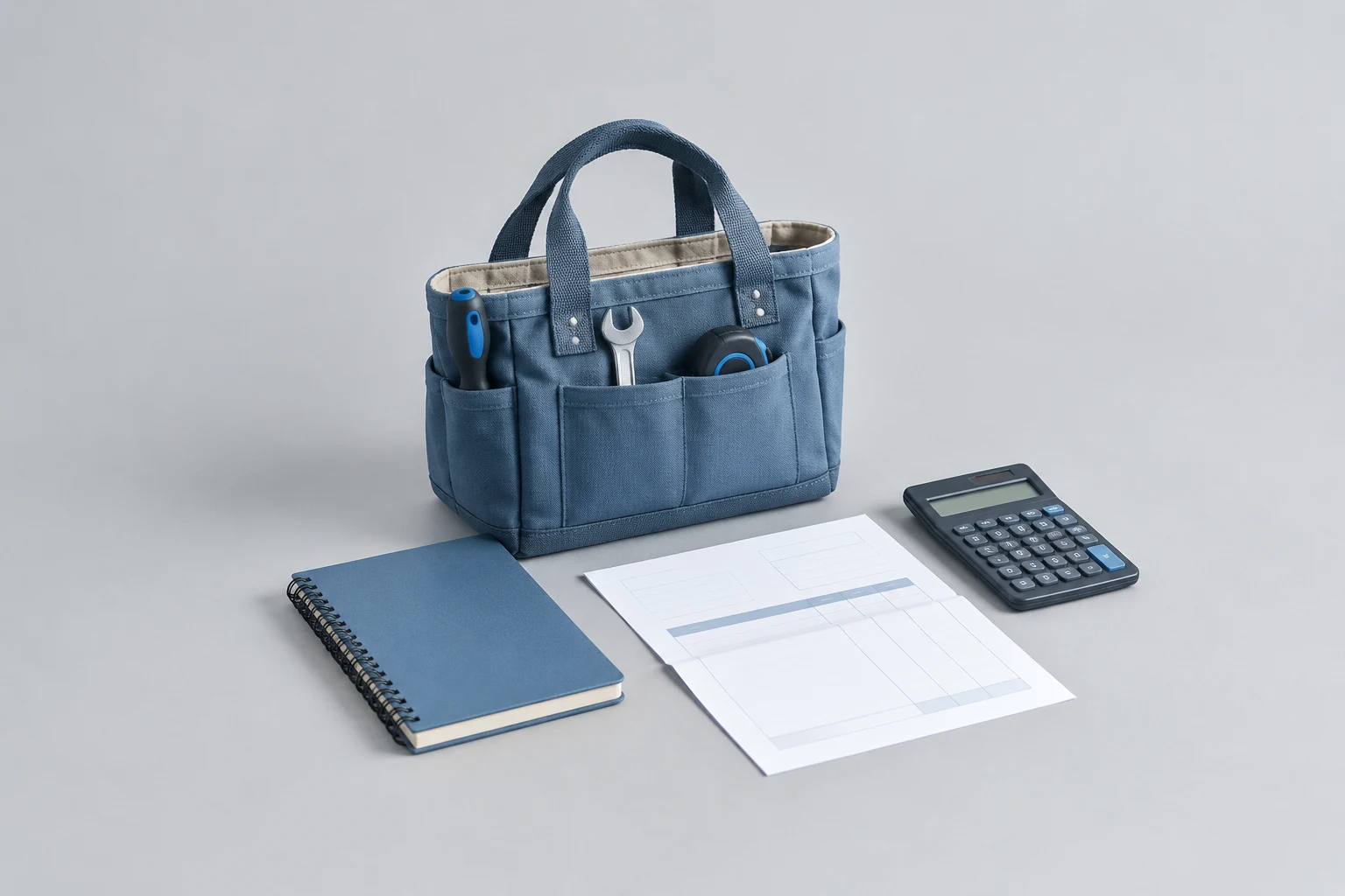 Tool bag, notebook and calculator of a self-employed tradesperson