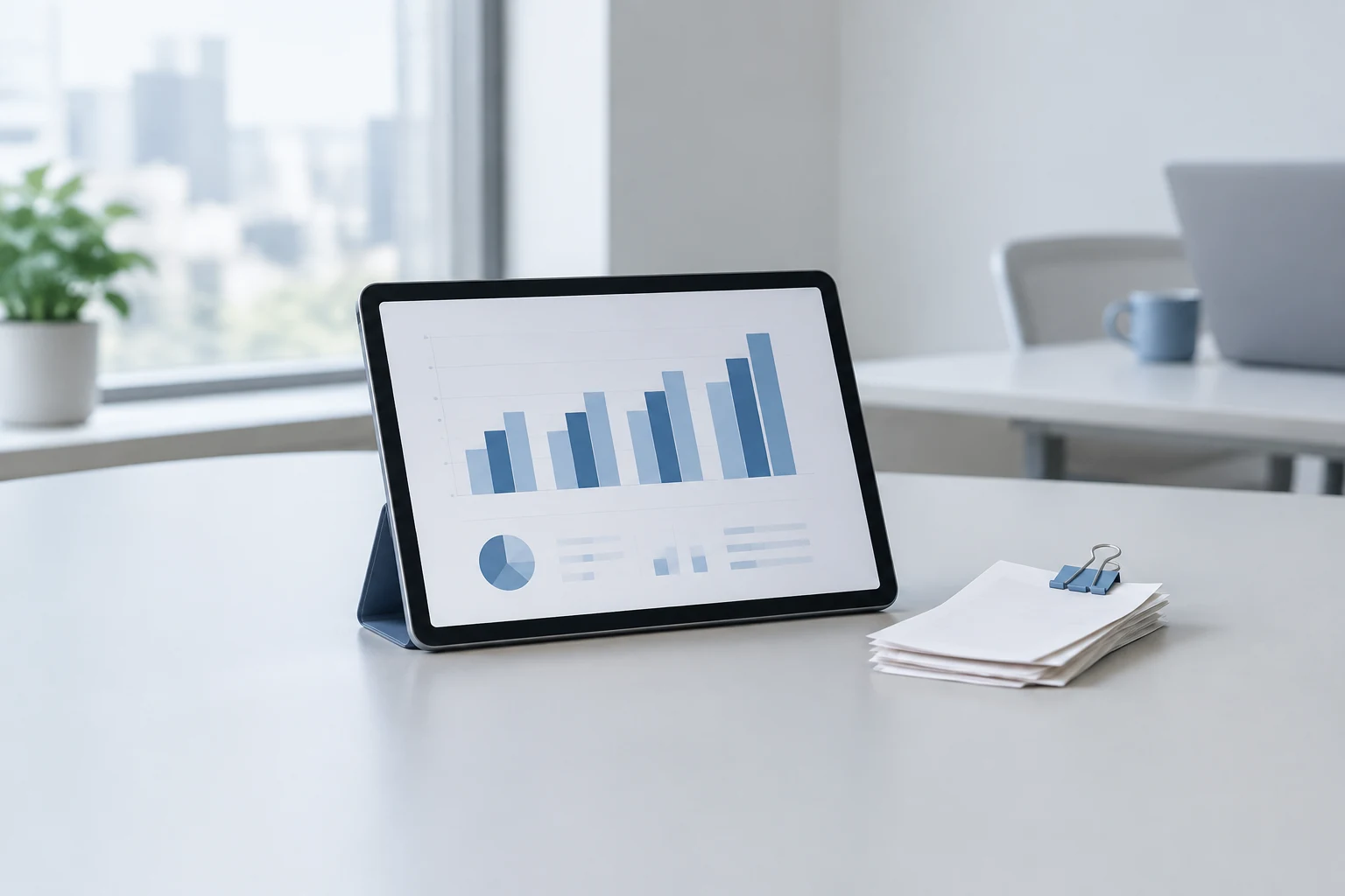 Tablet showing quarterly bar charts next to clipped receipts