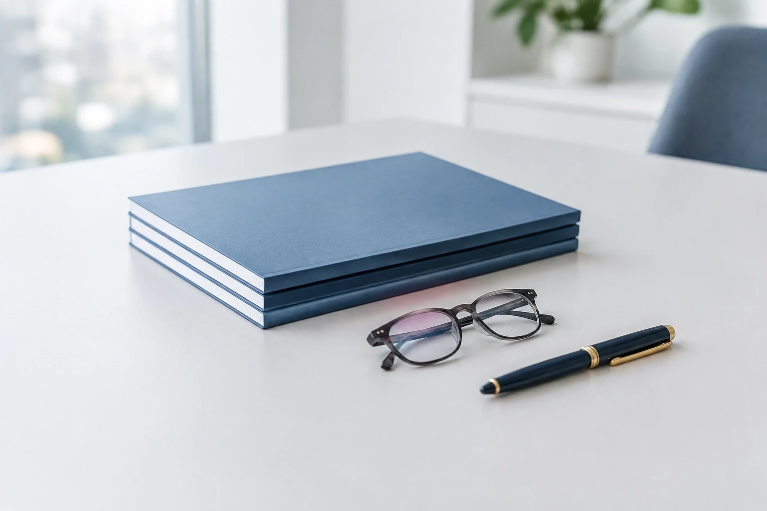 Bound annual report documents with glasses and a pen