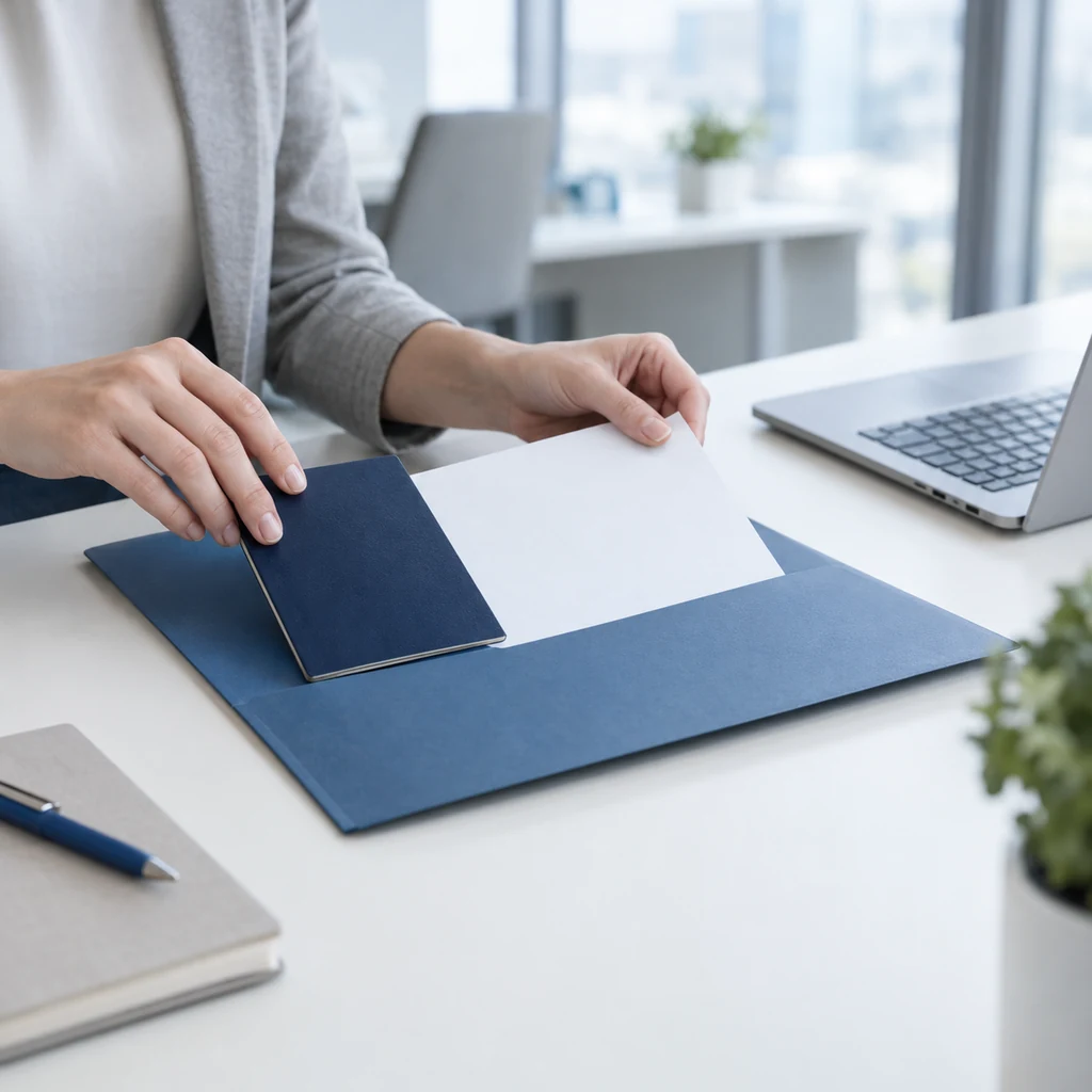 Identity documents being placed into a blue folder