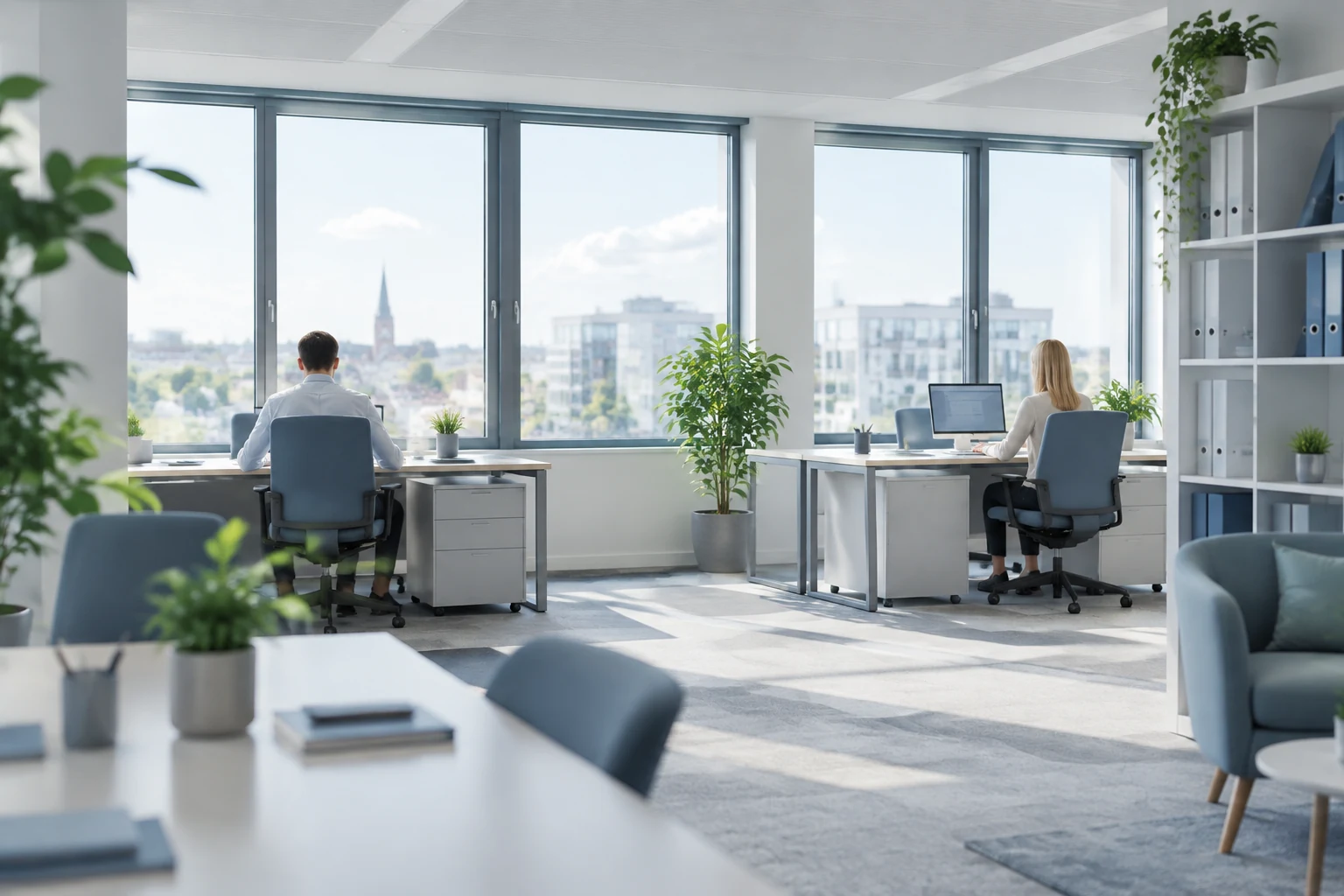 Light open-plan office with people working at desks by the windows